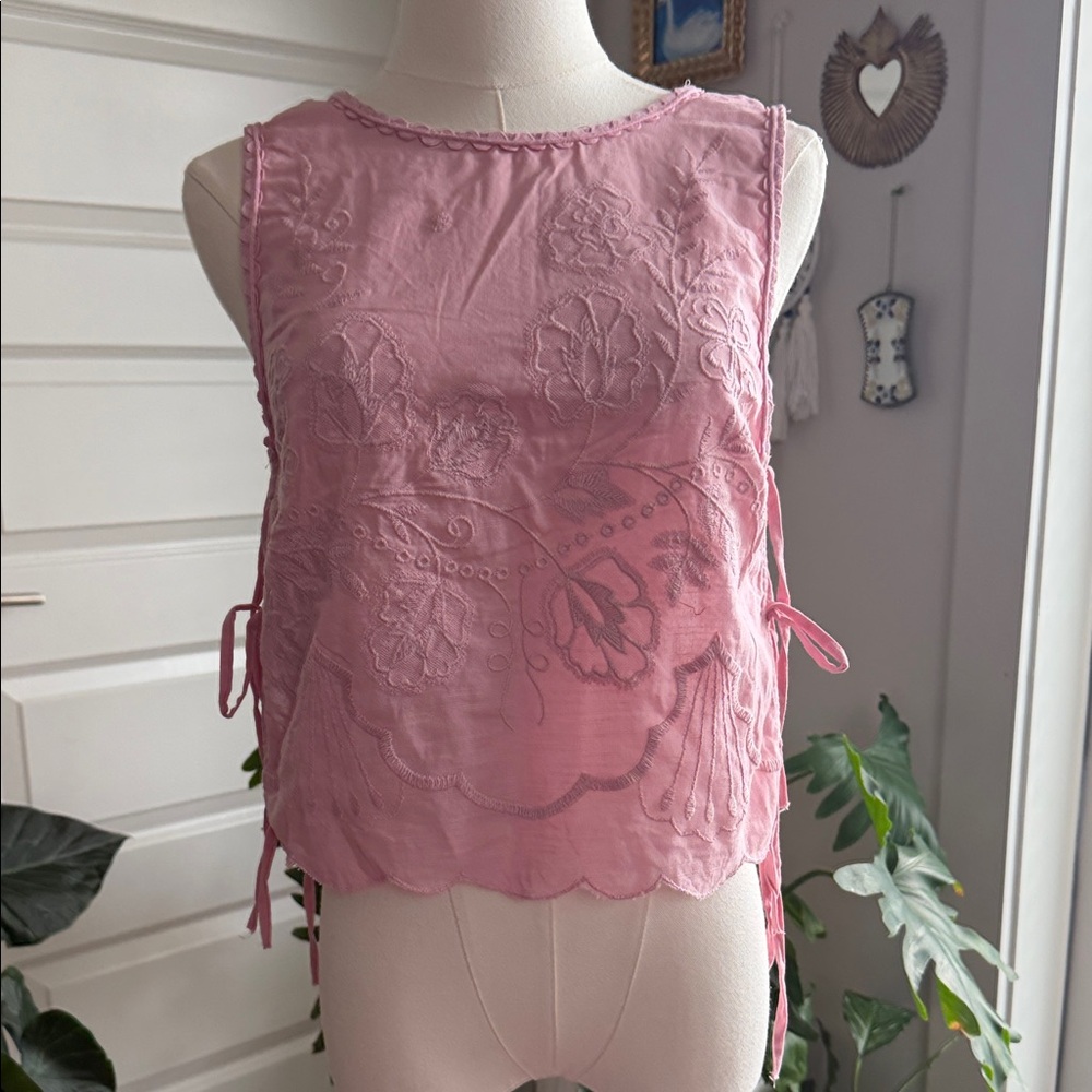 Free People Sleeveless Pink Embroidered Tie-Side Women's Top